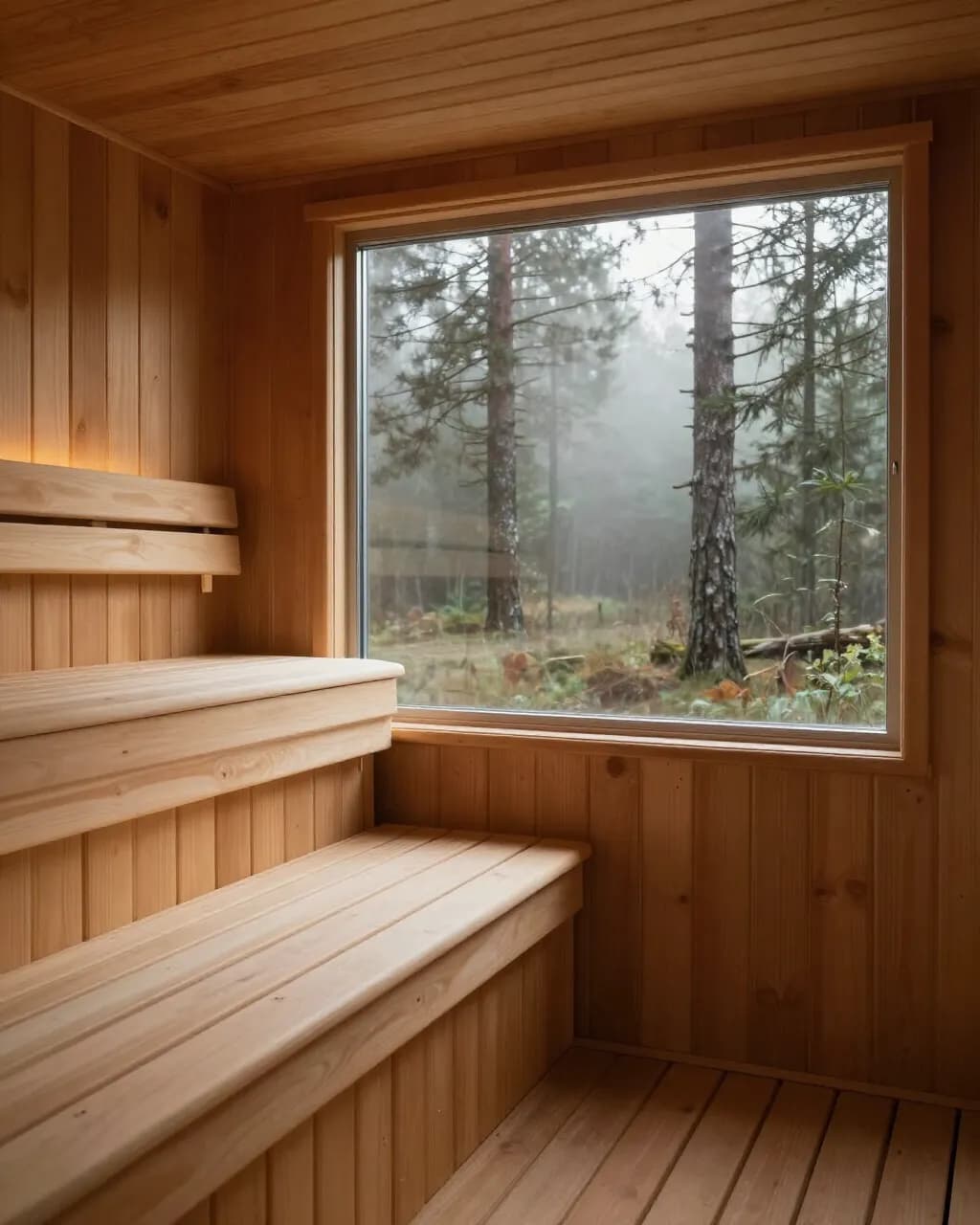 Cedar sauna benches beside a large window that looks out to misty pine forest