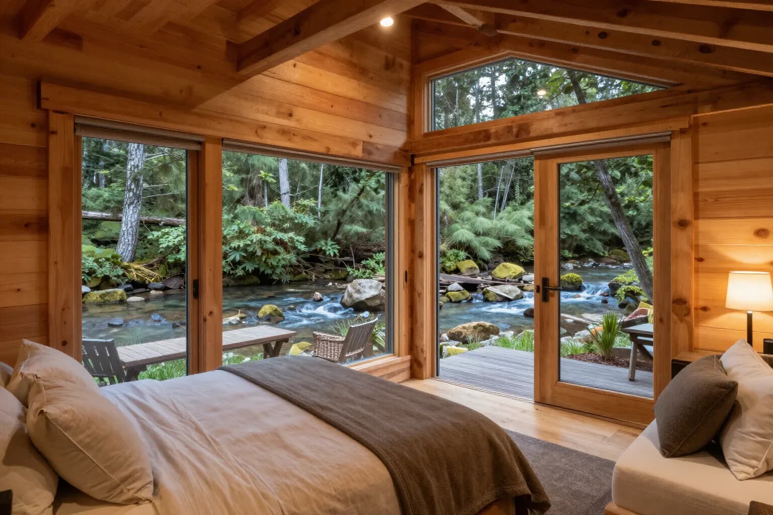 Cabin bedroom with glass doors opening onto a deck above a stony forest creek