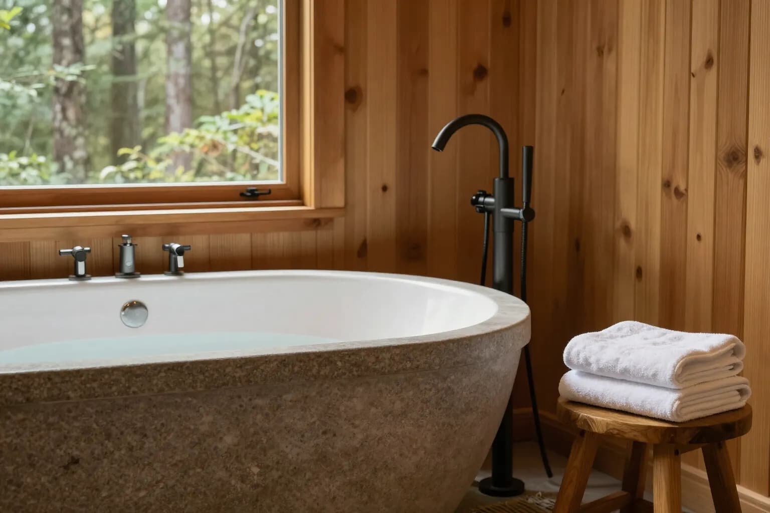 Freestanding stone bath by a cedar-framed window with folded towels on a wooden stool