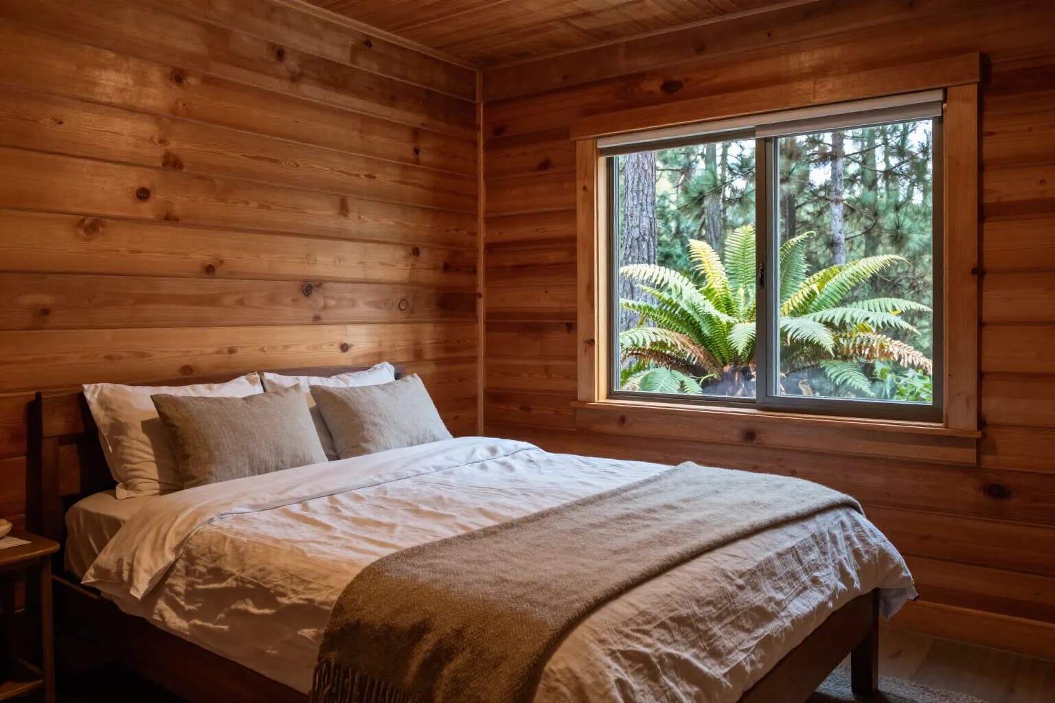Pine-walled bedroom with a linen bed, a wool throw and a window onto green ferns