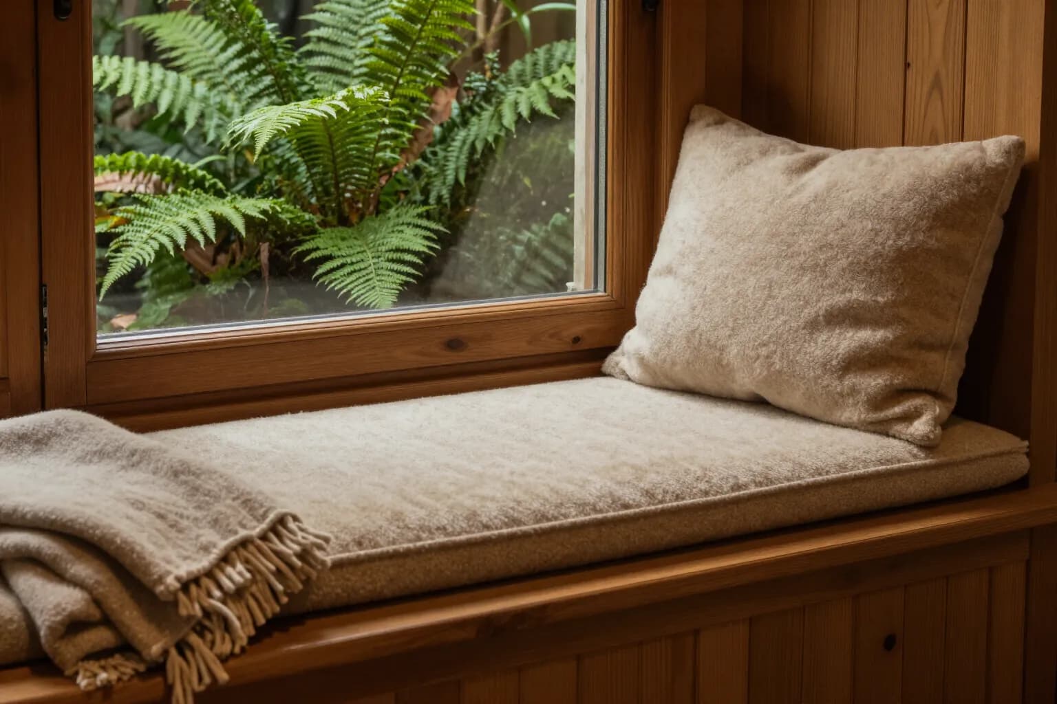 Window seat with a wool cushion and a folded blanket beside a window full of ferns
