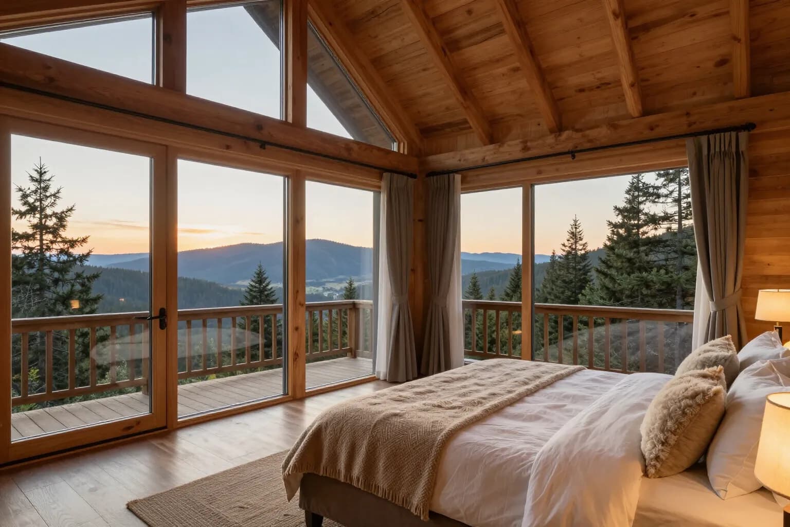 Timber suite with a large bed, corner windows and a balcony facing a pine ridge at sunset