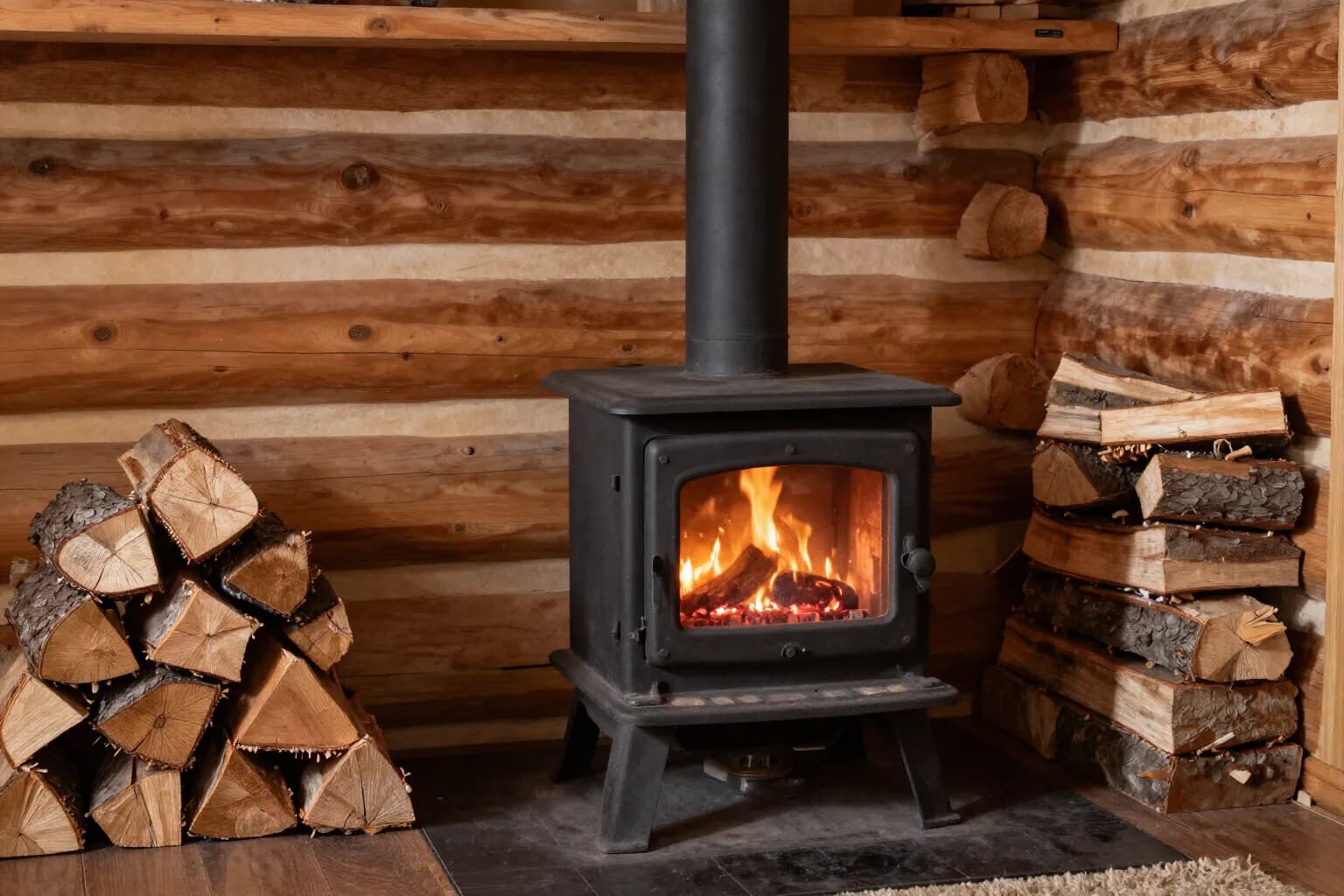 Black cast-iron wood stove with a lit fire and stacked split logs against a log wall