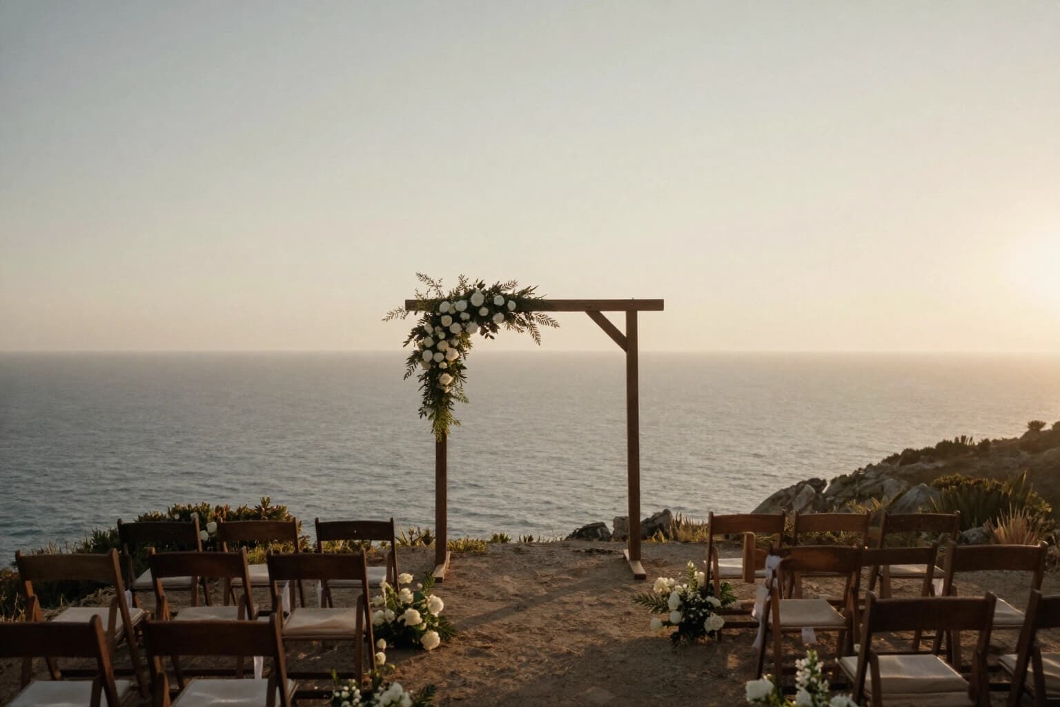 A wooden ceremony arch dressed with white roses on a clifftop above the sea, with empty chairs on either side
