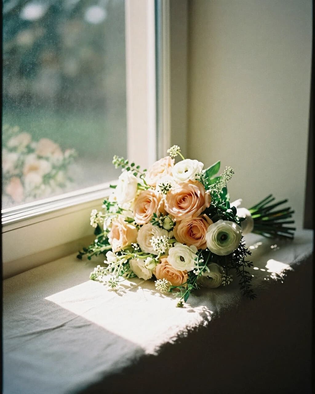 A bouquet of blush roses and white ranunculus on a windowsill in a patch of sunlight
