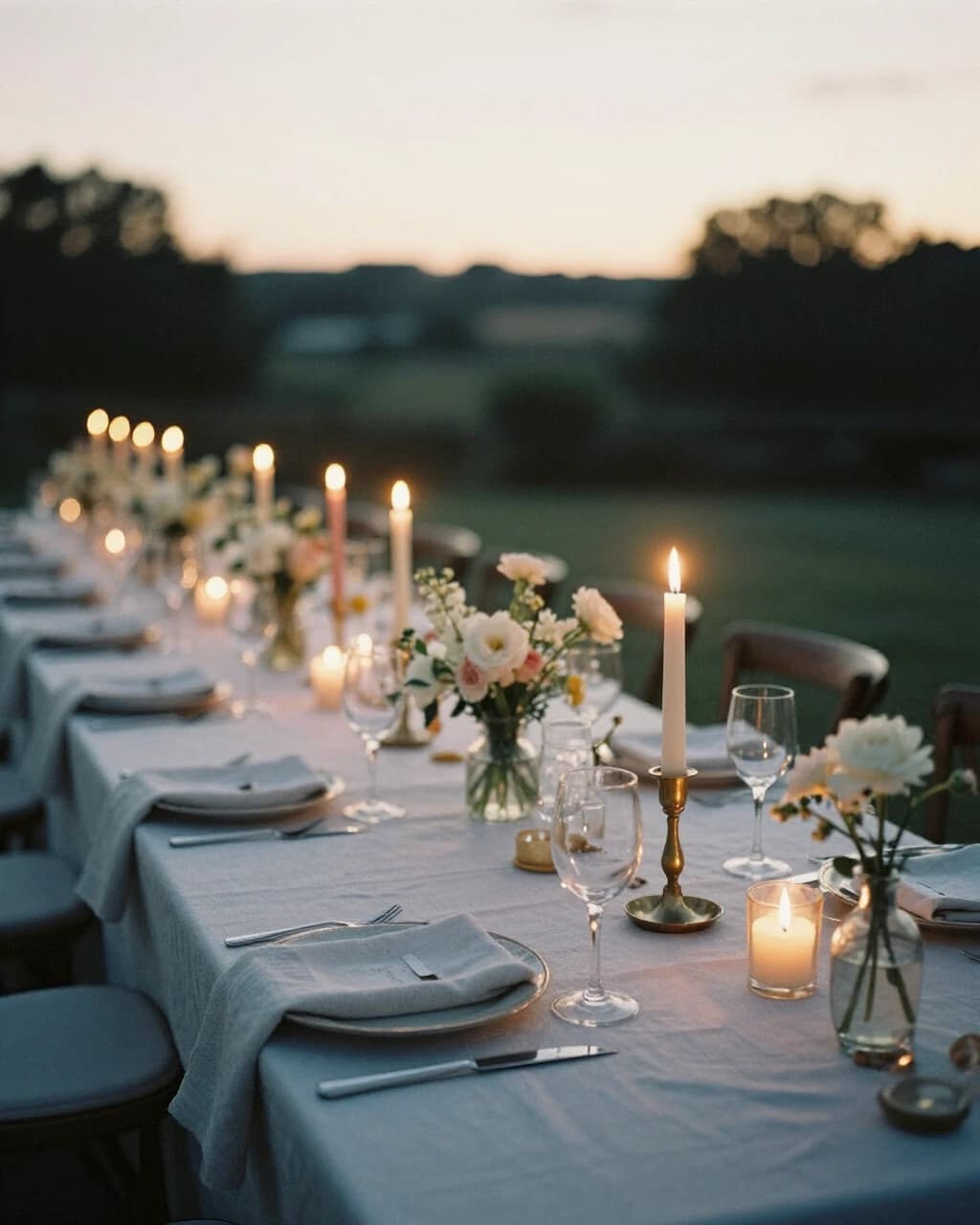 A long dinner table at dusk with lit candles, linen napkins and small vases of flowers