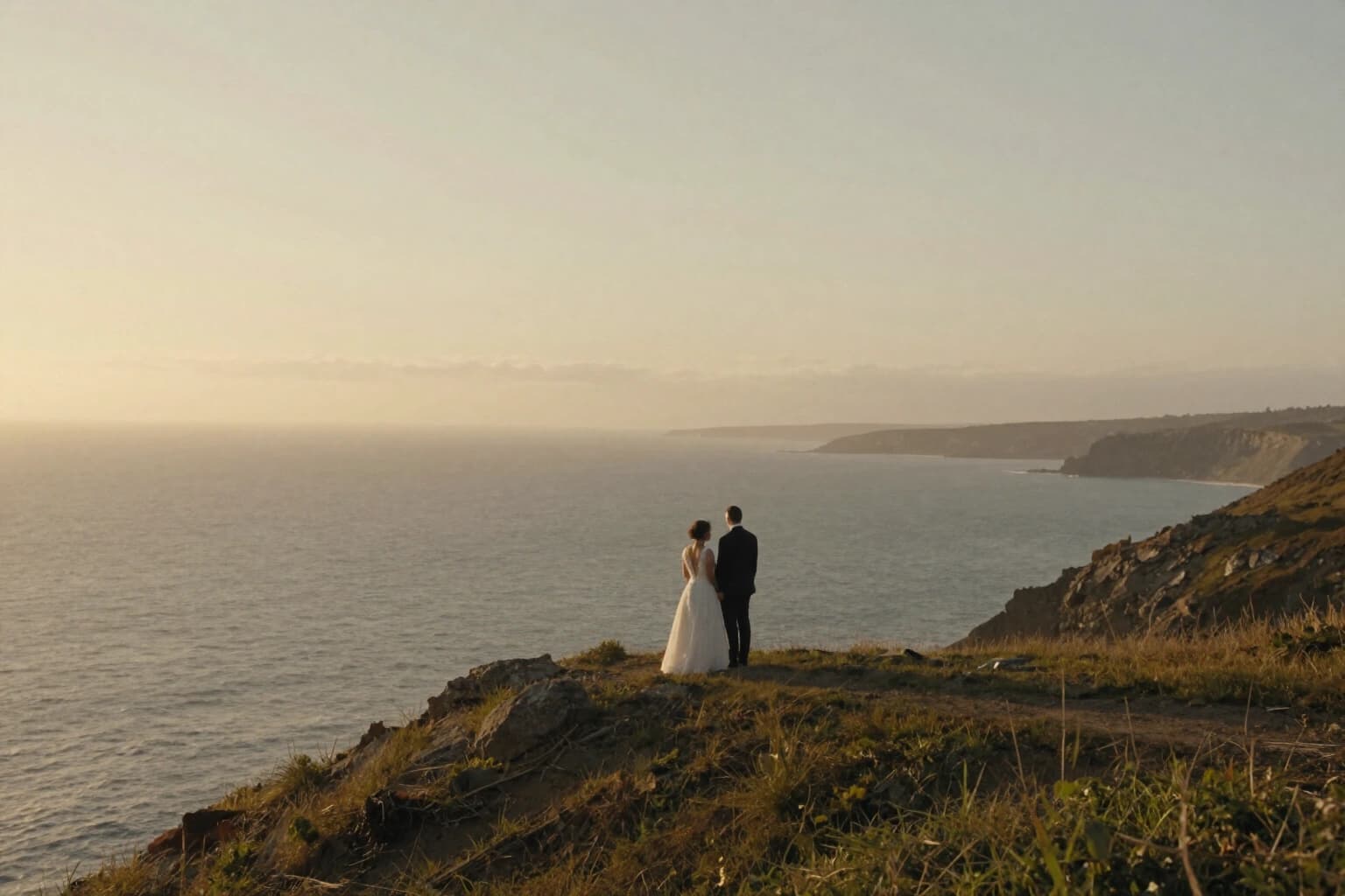 A couple standing close on a grassy sea cliff at sunset, small against the wide coastline