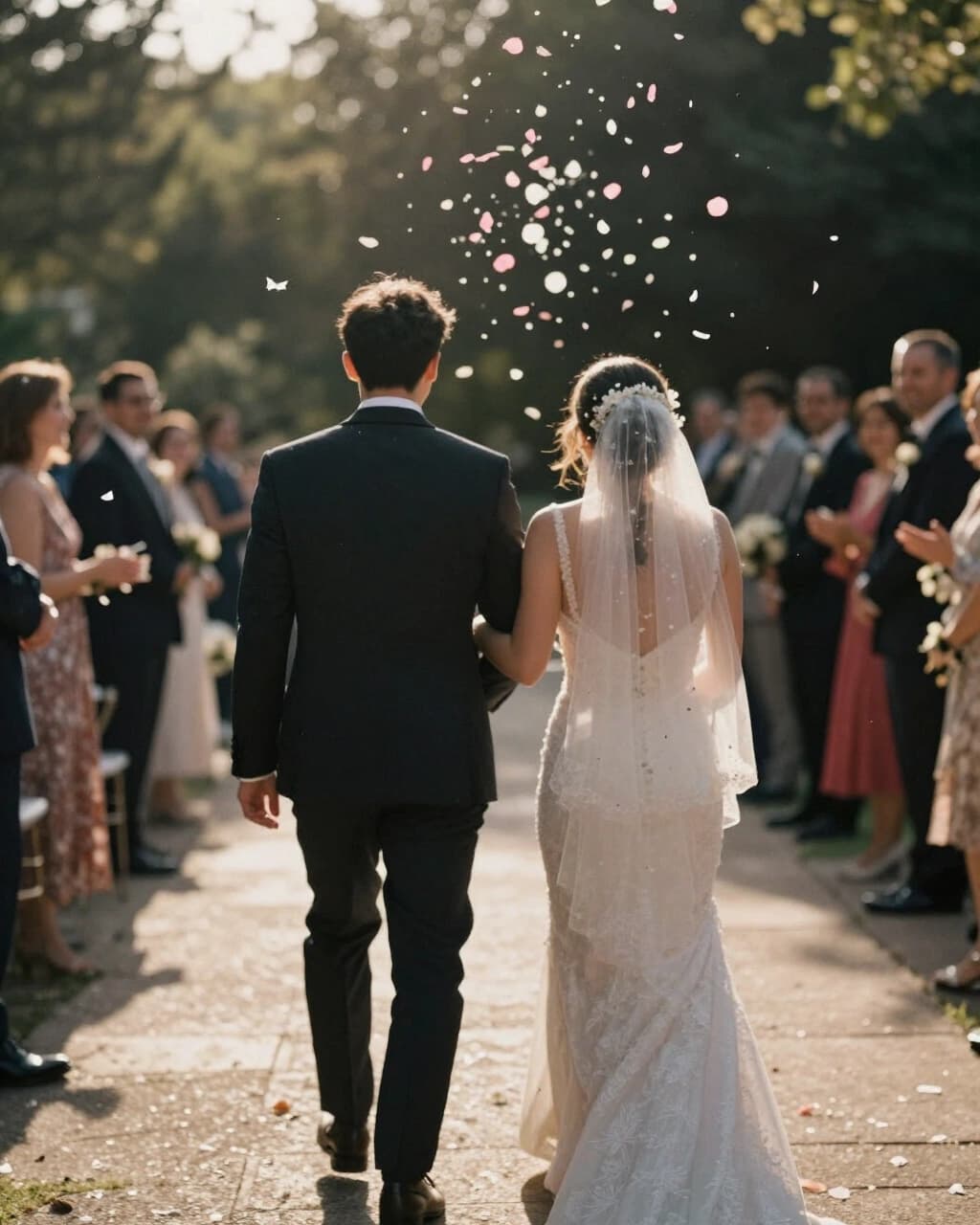 A couple walking away between guests as petals and confetti fly through warm backlight