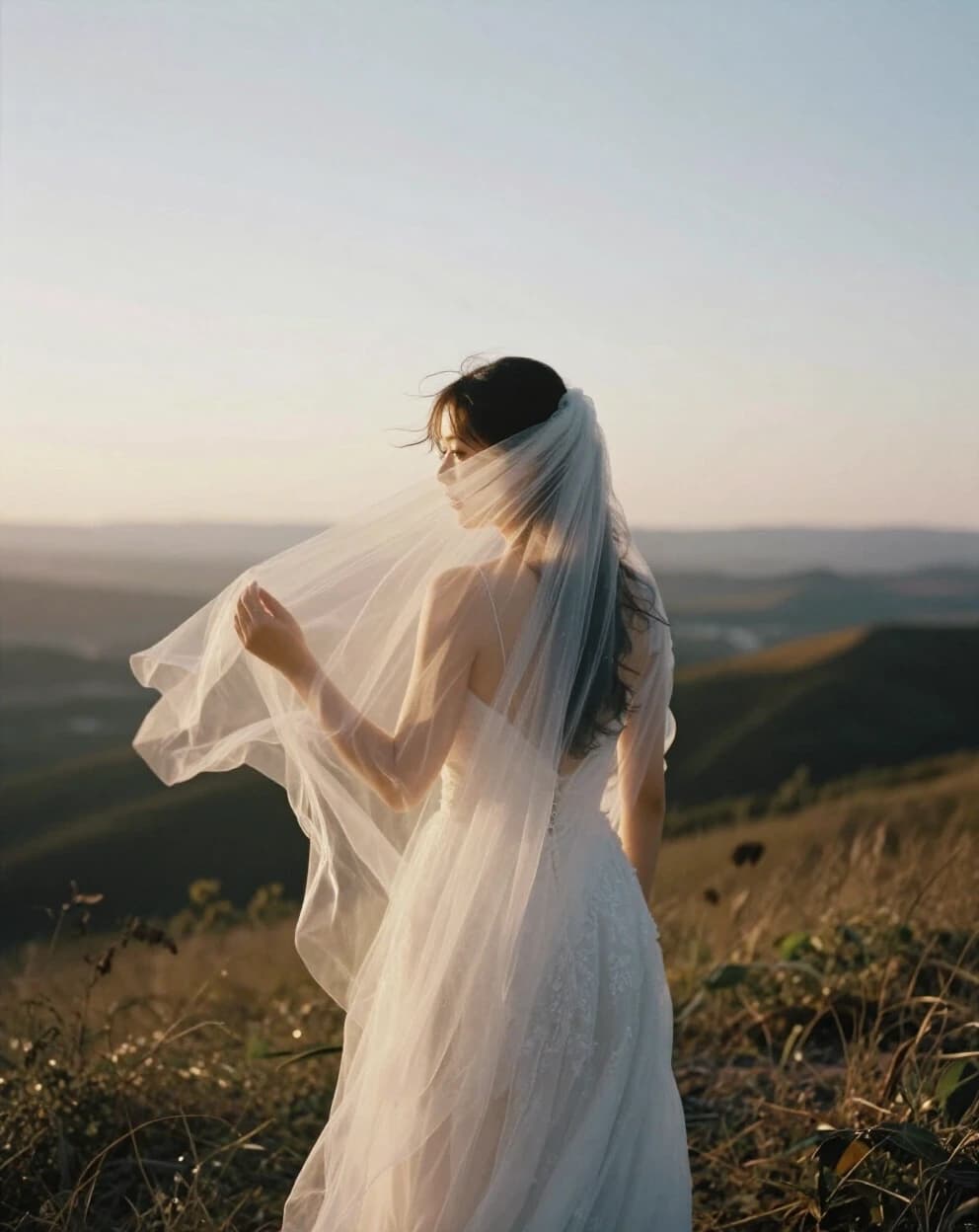 A bride in a long veil lifted by the wind on a hillside at golden hour, her back to the camera