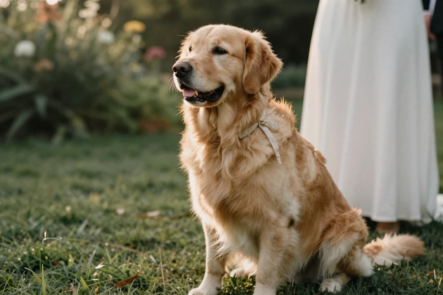 A golden retriever with a ribbon at its collar sitting on a lawn at a garden wedding