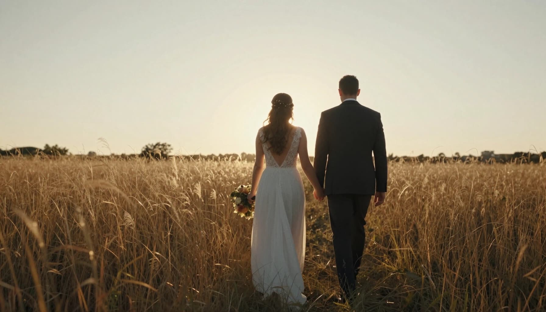 A bride and groom seen from behind, holding hands and walking through tall golden grass toward a low sun