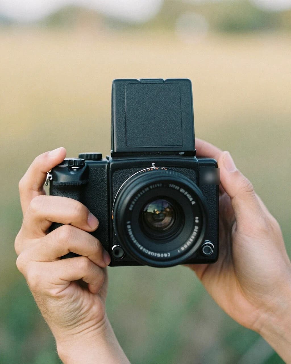 Two hands holding a black film camera against a soft, blurred field