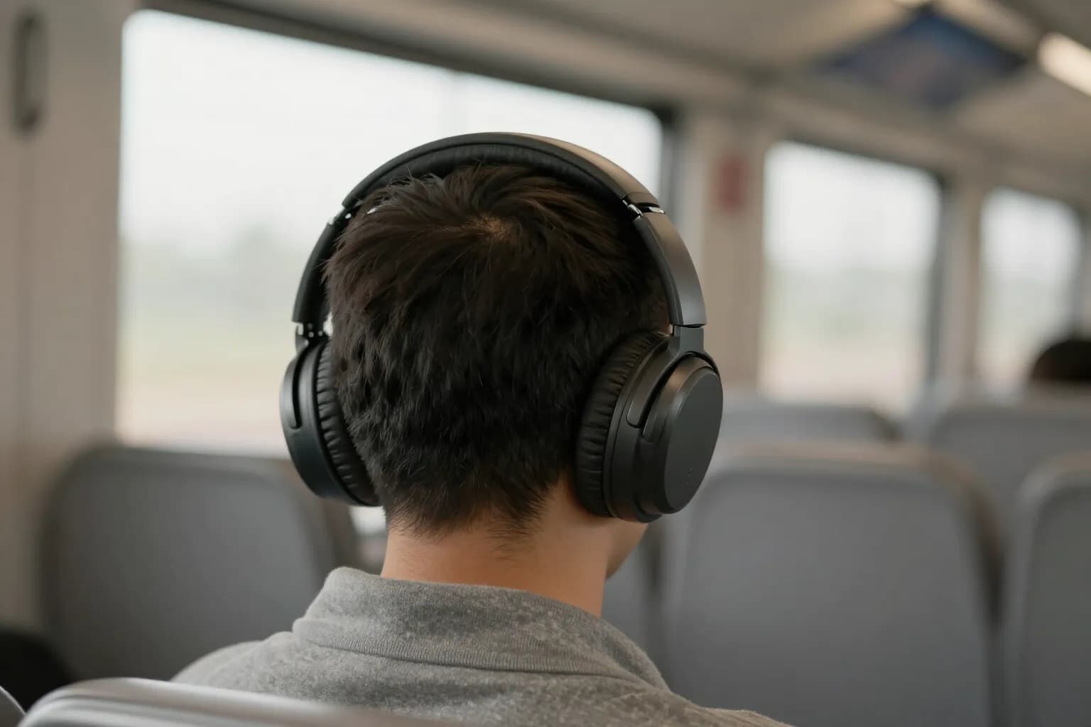 A commuter seen from behind on a train, wearing wireless over-ear headphones