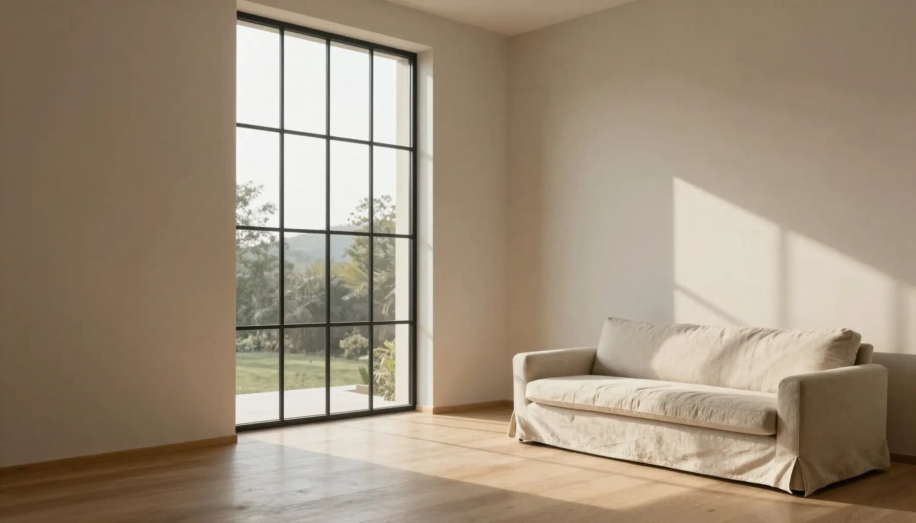 Double-height living room with a tall steel-framed window, pale oak floor and a linen sofa in low evening light