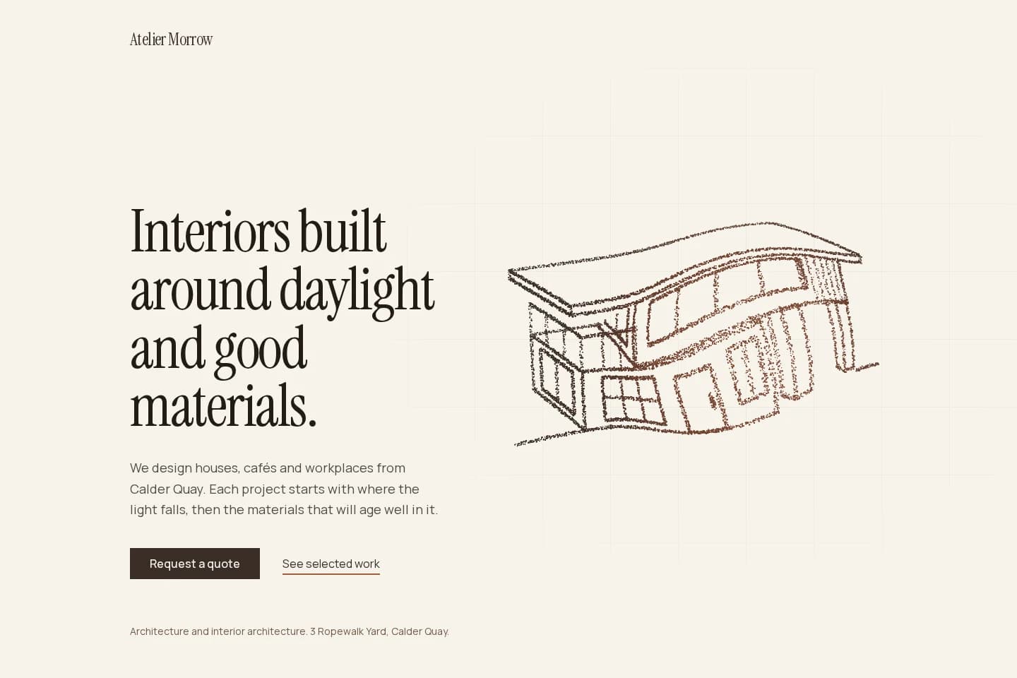 Atelier Morrow hero: headline beside a chalk-line sketch of a house on a warm paper background