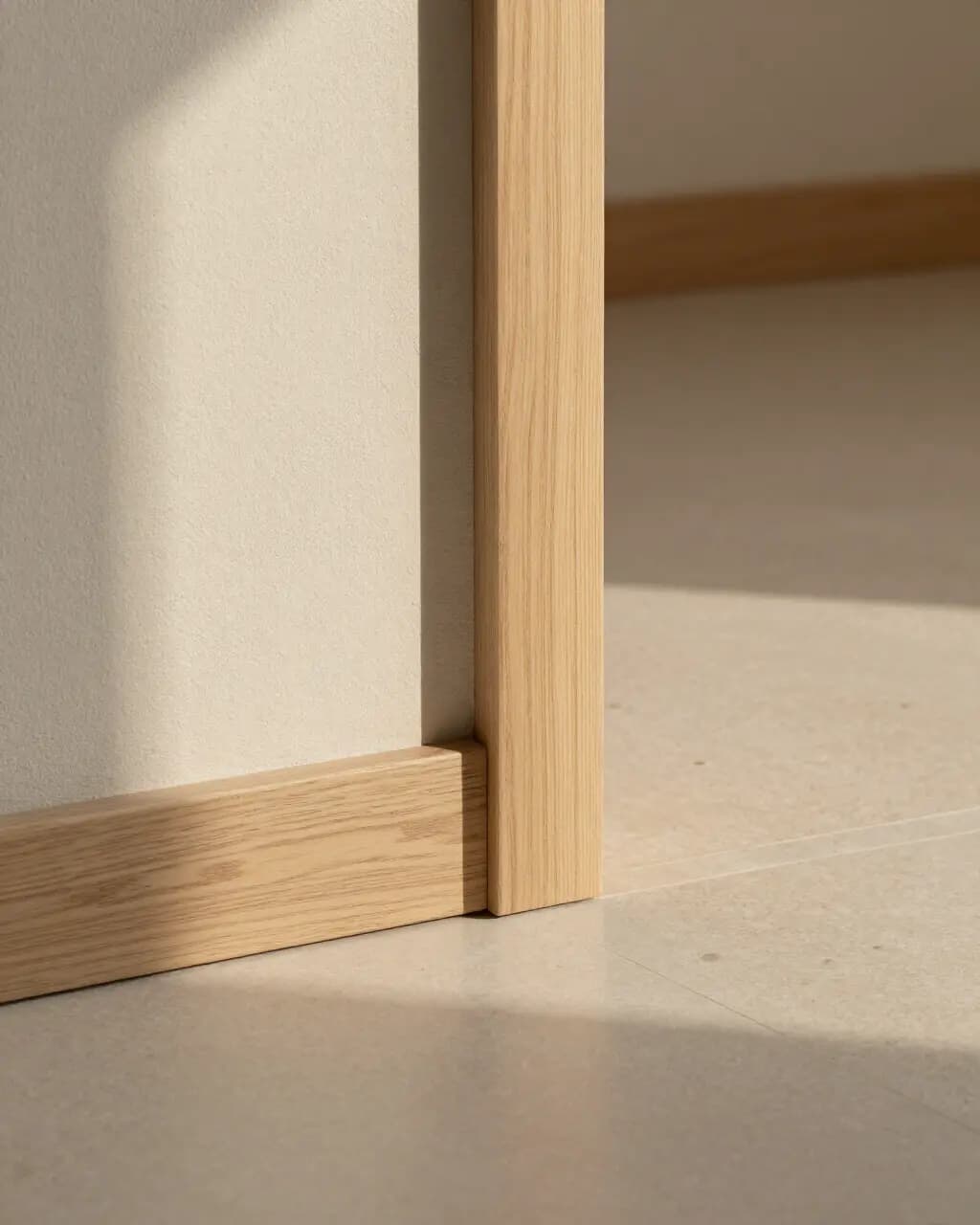 Close view of an oak door frame and skirting meeting a stone floor, with a thin shadow gap