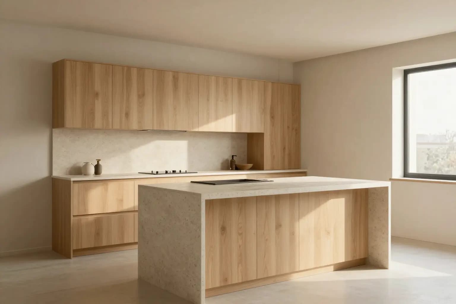 Kitchen with pale oak cabinets and a travertine island, lit from a window on the right