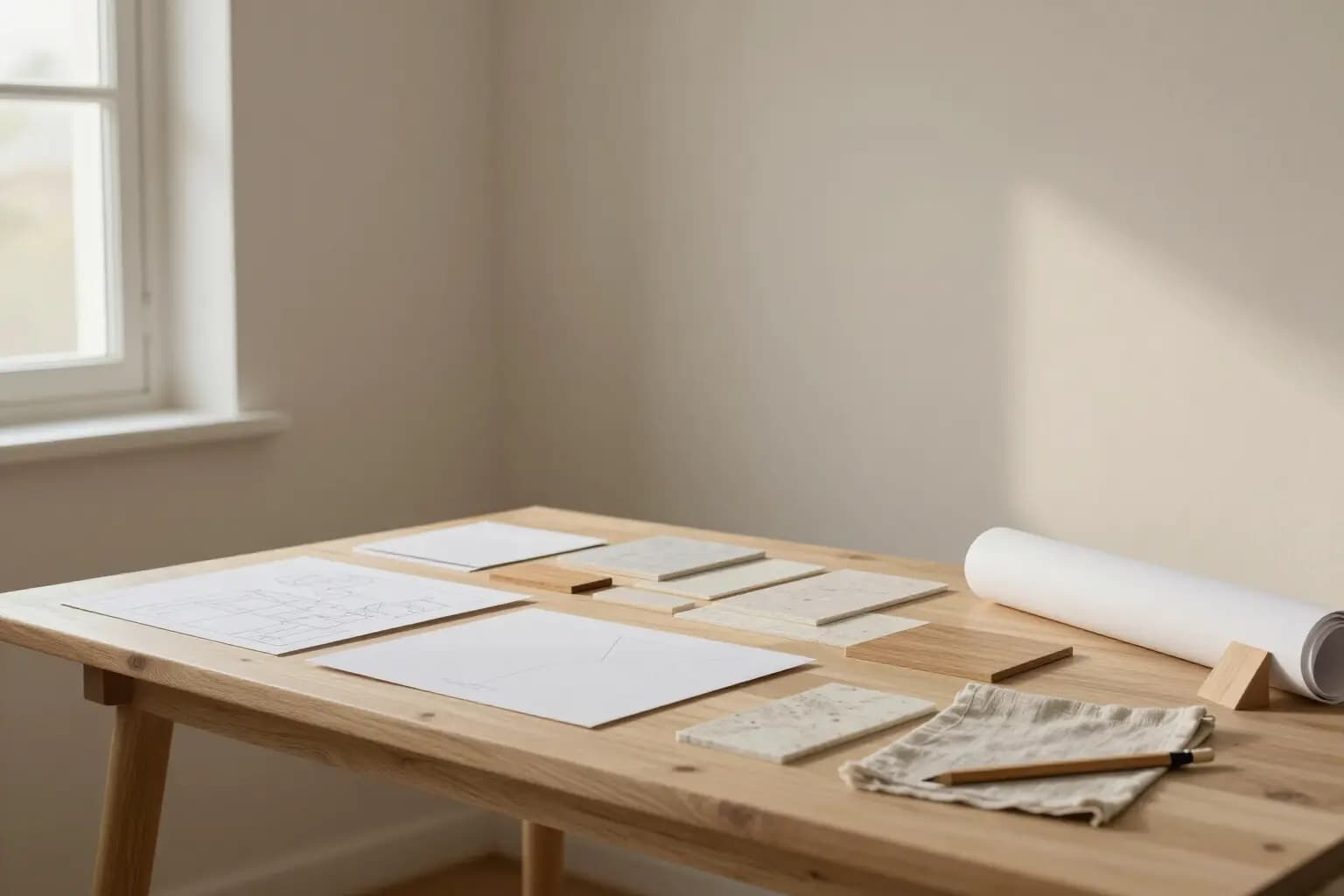 Oak worktable with drawings, stone and wood samples, a roll of paper and a pencil on linen