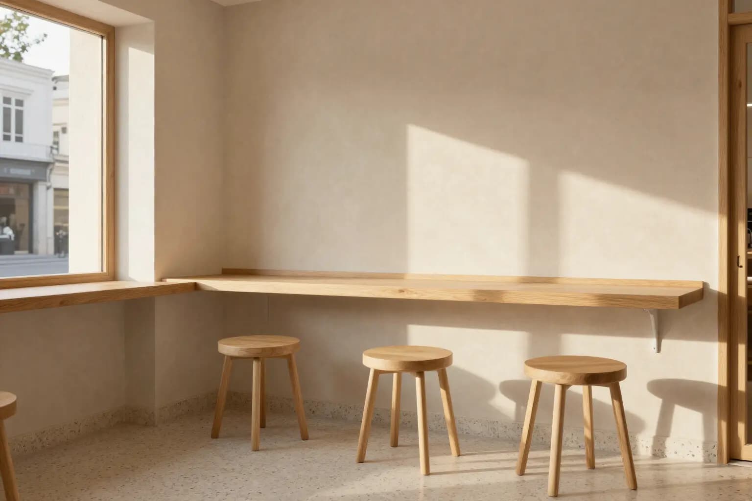 Café corner with an oak counter, three oak stools and a terrazzo floor in afternoon sun