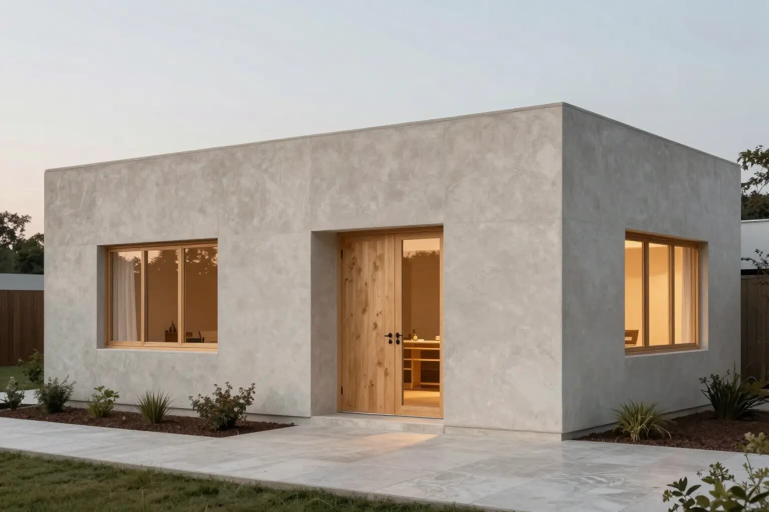 Pale concrete house with an oak front door and warm light in the windows at dusk