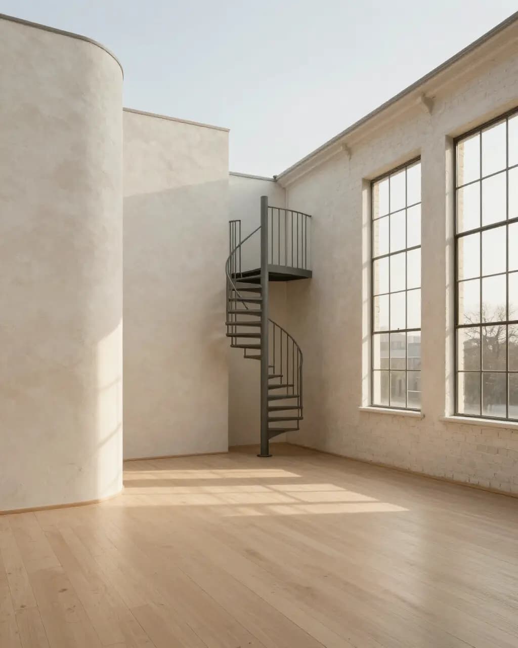 Converted warehouse loft with a steel spiral stair beside tall factory windows