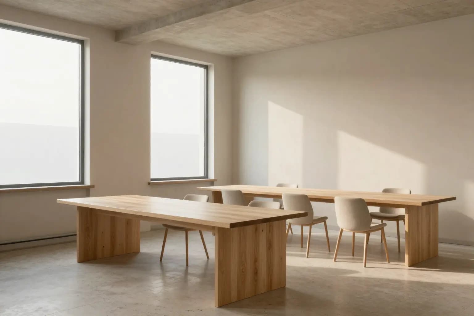 Studio office with two long oak tables, upholstered chairs and a bare concrete ceiling