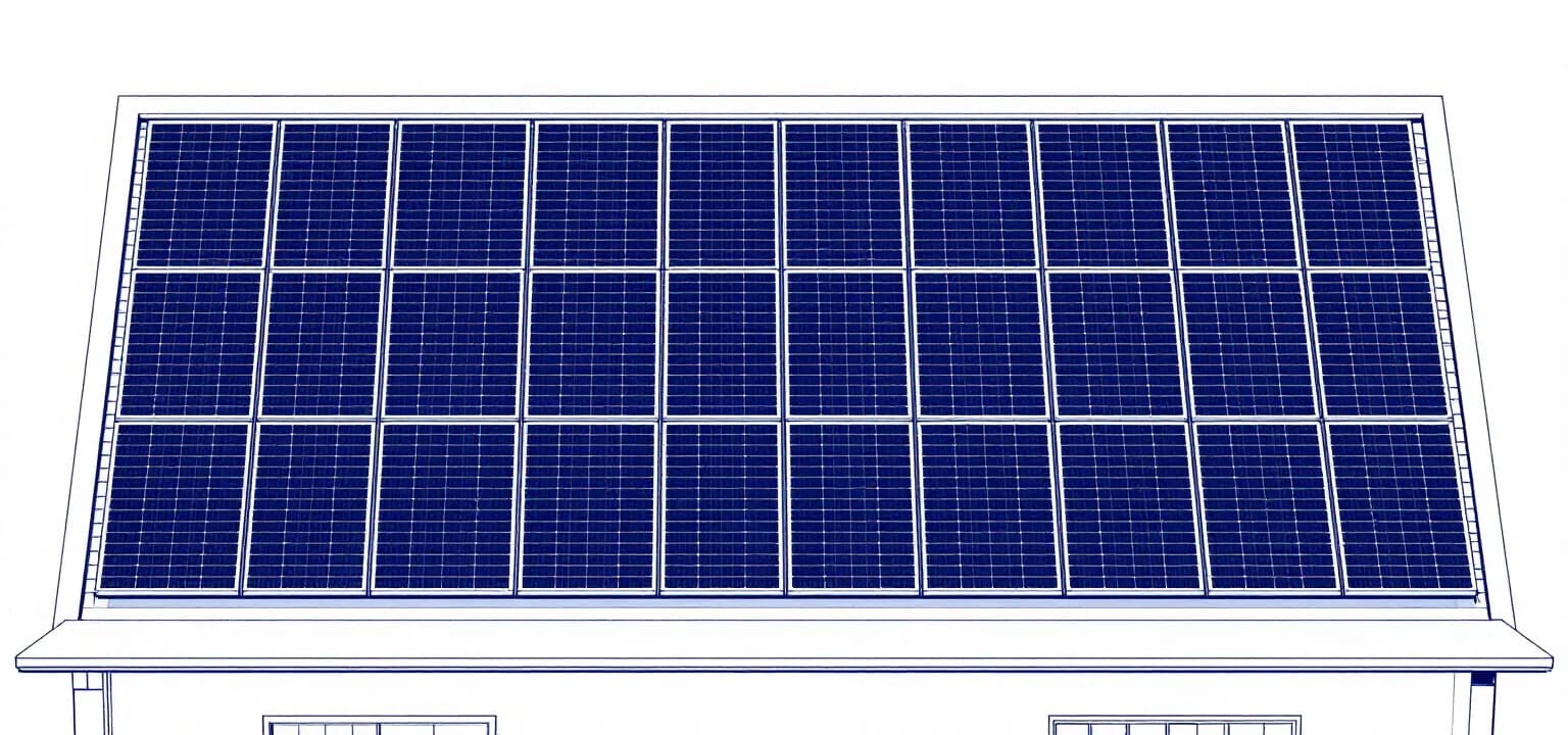 Line drawing of a pitched roof with a three-row array of solar panels