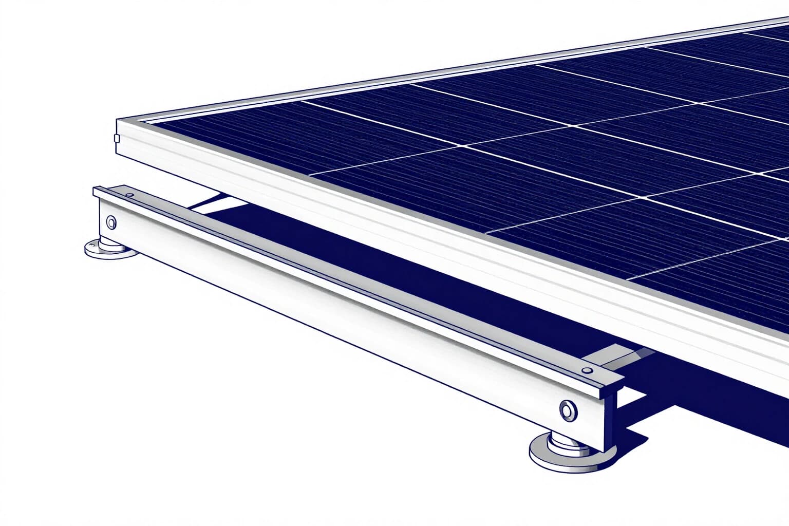 Line drawing of a solar panel edge resting on an aluminium rail and two mounting feet
