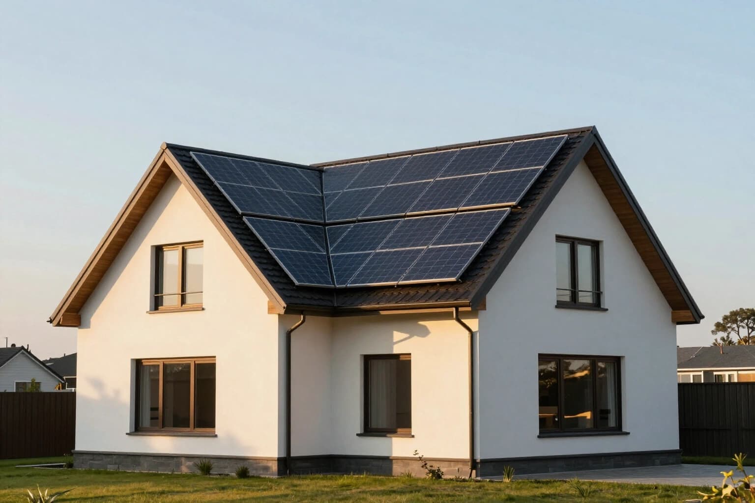 A white house with black solar panels across its gabled roof, lit by low golden sun