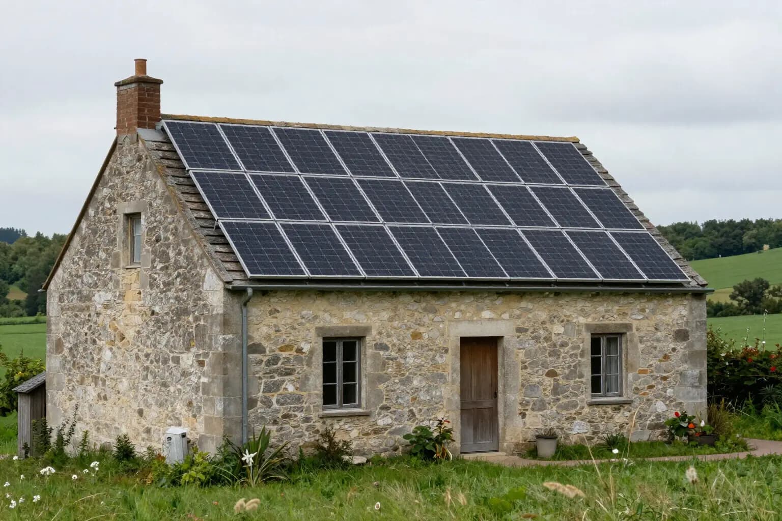 A stone farmhouse with a grid of black solar panels across its pitched roof