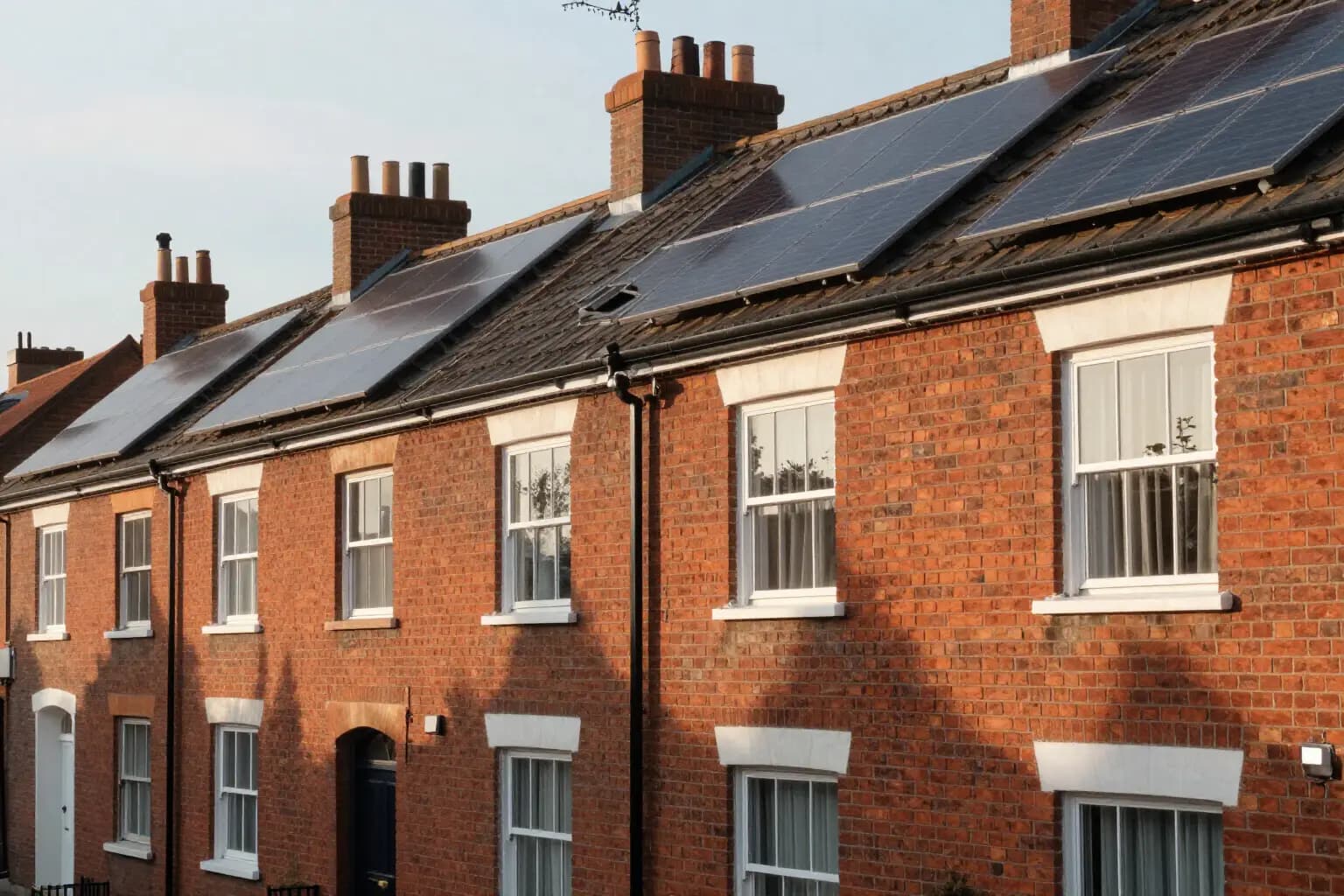 A row of red brick terraced houses with solar panels on the roof pitch