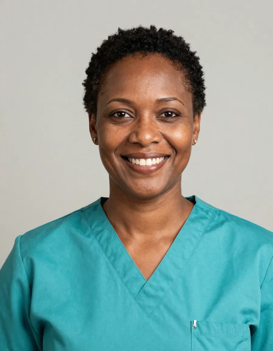 Dr. Amara Okafor in turquoise scrubs