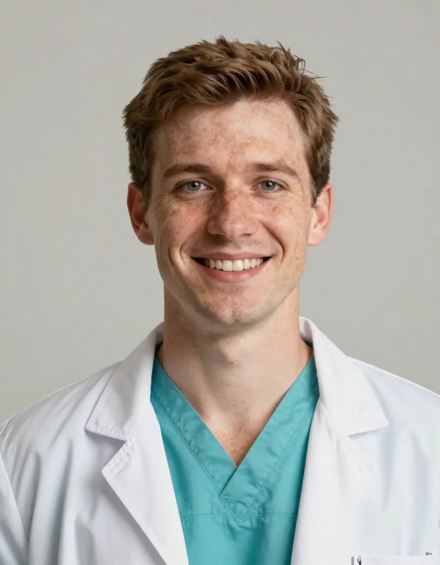 Dr. Jonah Whitlock, smiling, in a white coat over turquoise scrubs