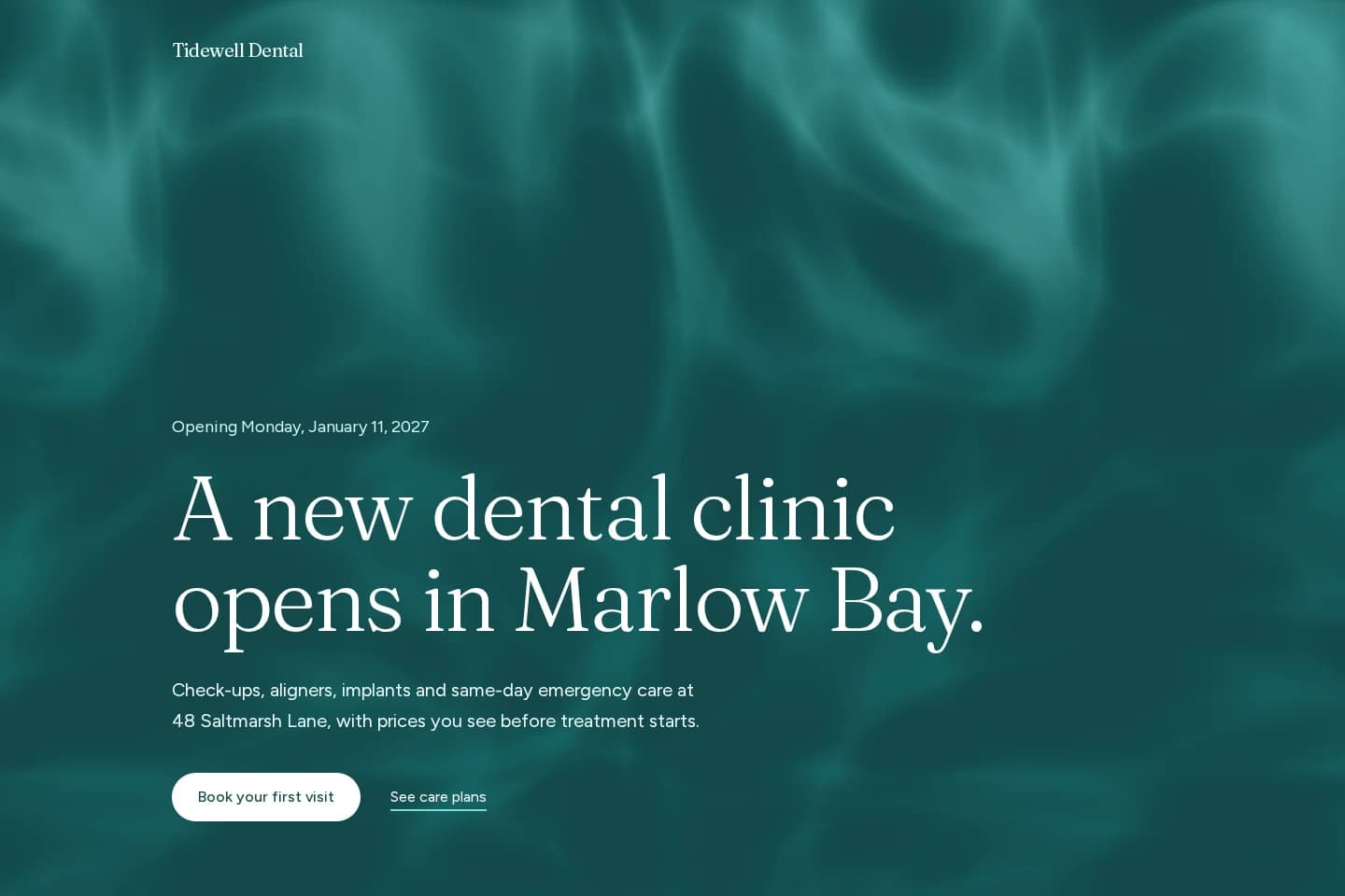 Tidewell Dental hero: headline over drifting turquoise water-light caustics