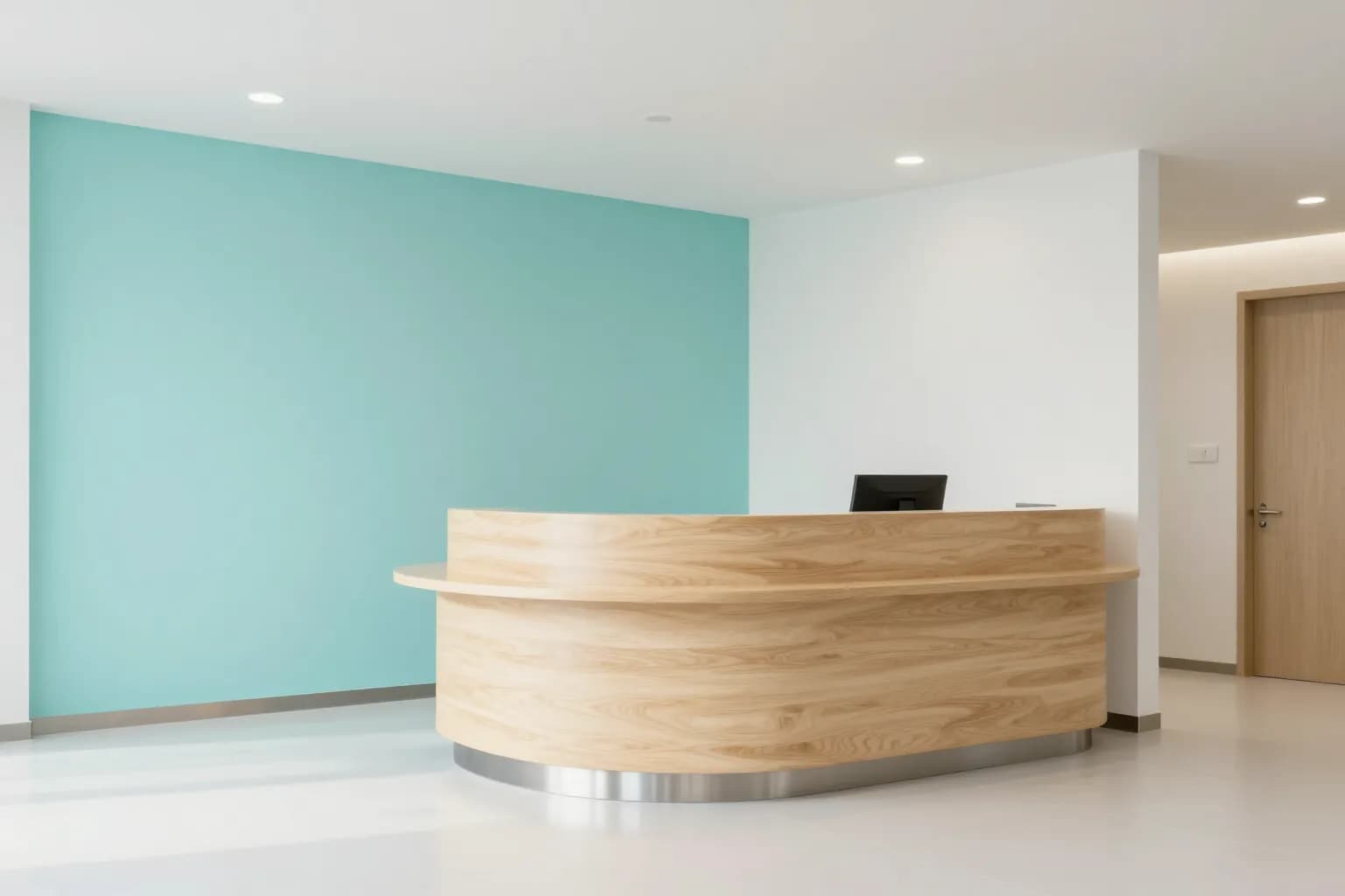 Reception area with a curved oak desk in front of a turquoise wall