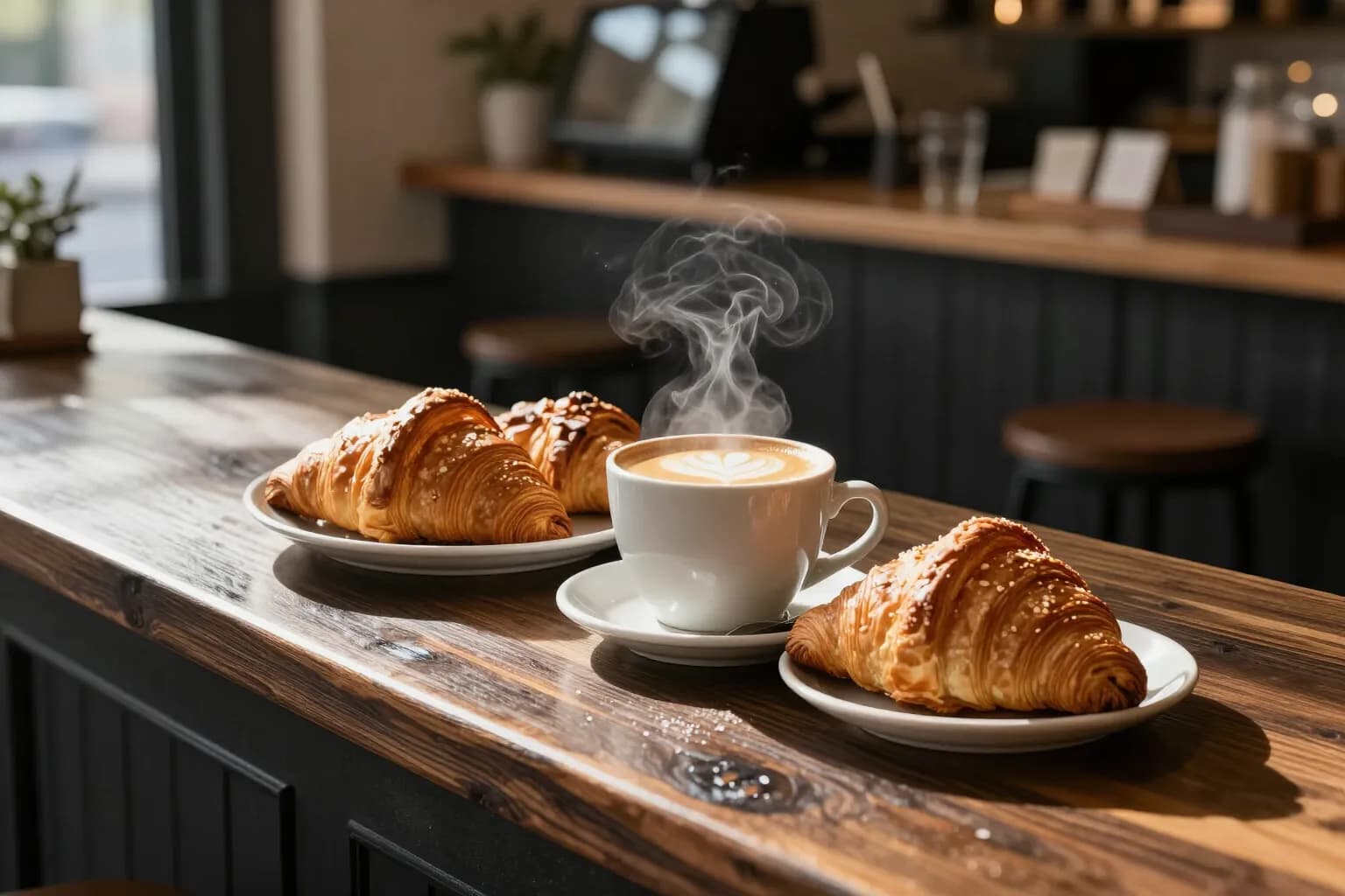 Dark timber café counter in morning sun with a flat white and golden croissants on white plates