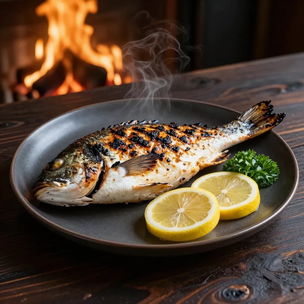 Whole grilled bream with charred skin, two lemon slices and parsley on a dark plate