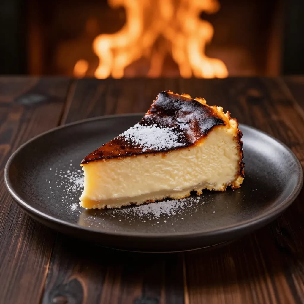 Slice of burnt Basque cheesecake with a dark caramelized top and a creamy pale center