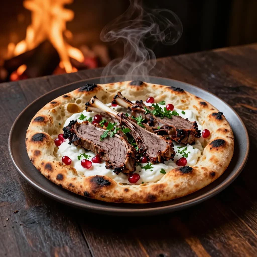 Blistered flatbread topped with slices of roast lamb, yogurt, pomegranate seeds and parsley