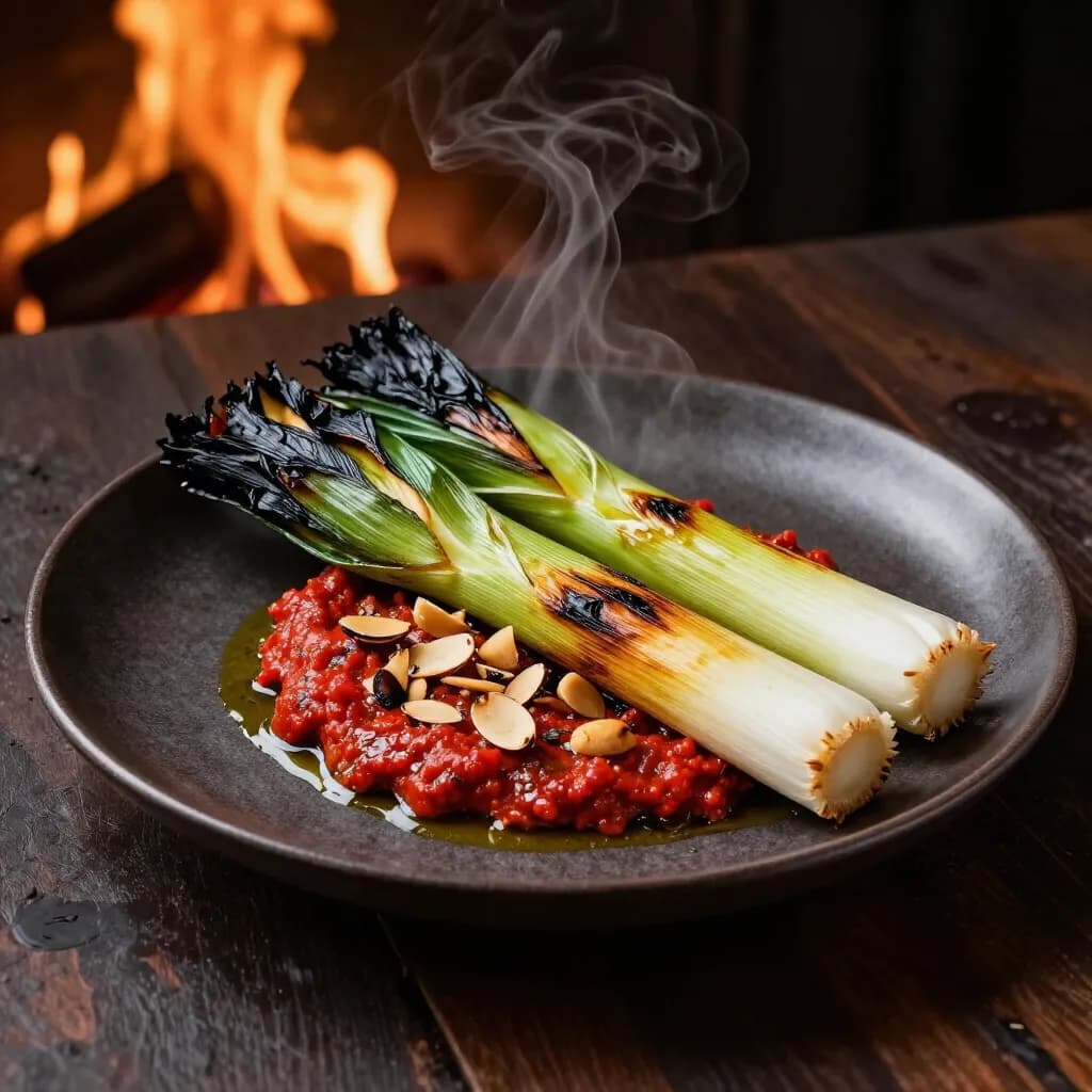 Two charred leeks on a pool of red romesco sauce with toasted almonds, steam rising from a dark plate