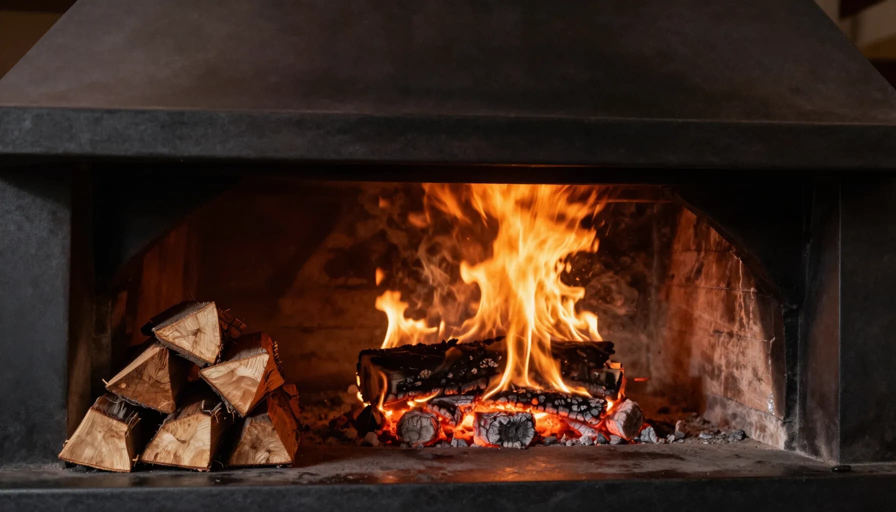 Open wood-fire hearth with live flames and glowing embers beside a stack of split oak logs