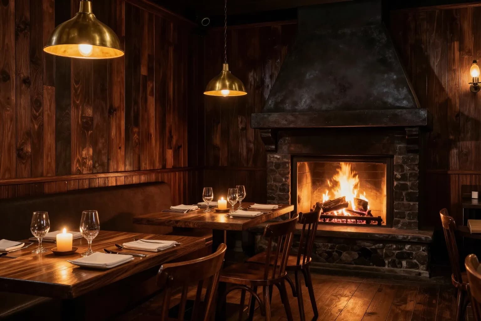 Dining room at night with candlelit wooden tables, brass pendant lamps and a fire burning in a stone hearth