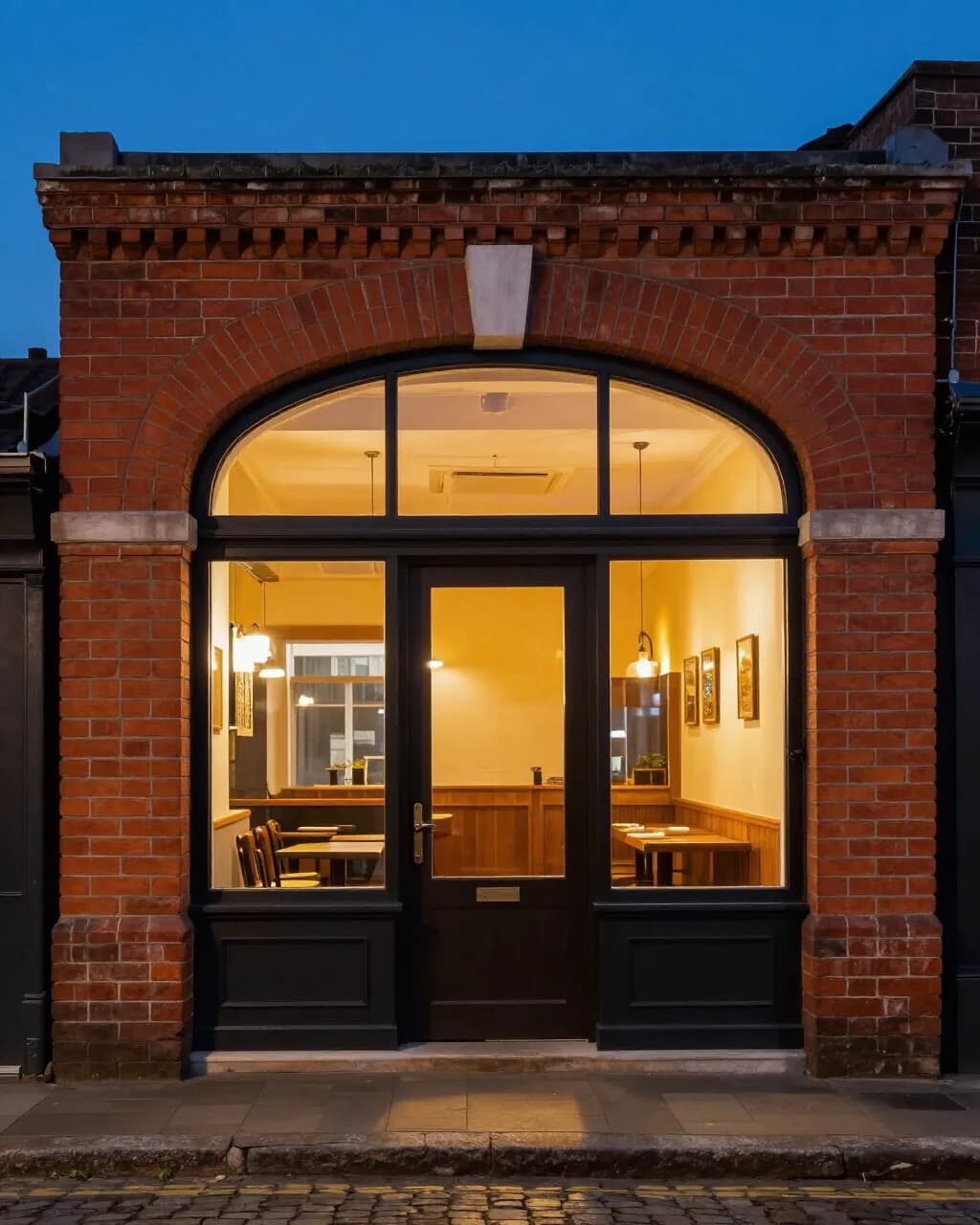 Red brick shopfront at dusk with a large arched window glowing amber from the dining room inside