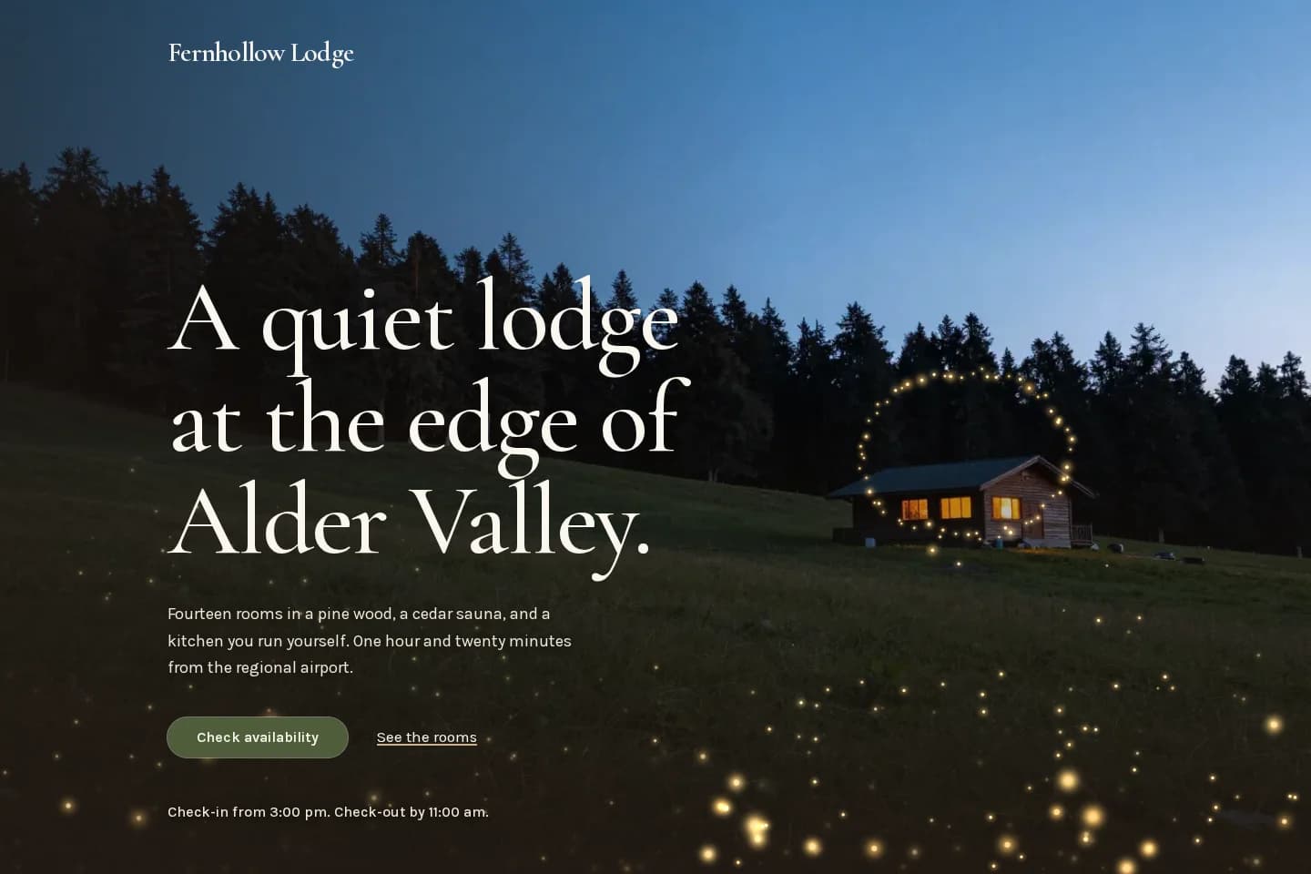 Fernhollow Lodge hero: headline over a dusk meadow with a lit lodge ringed by fireflies
