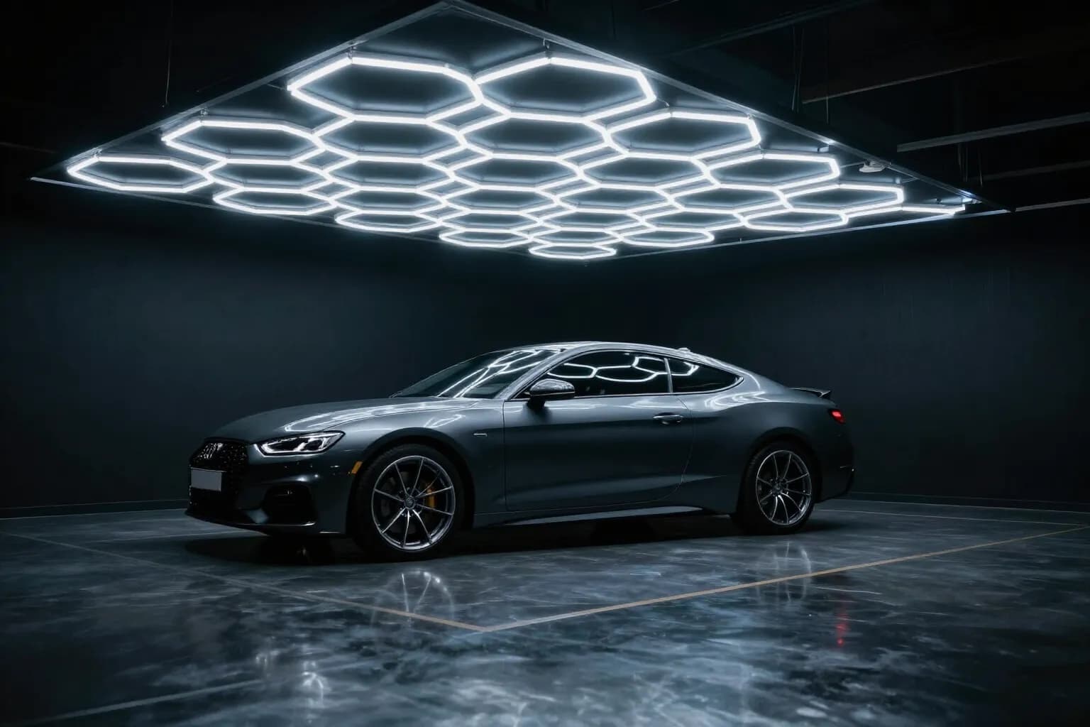 Detailing bay at night with a honeycomb of white LED panels on the ceiling and a grey coupe parked on a polished floor