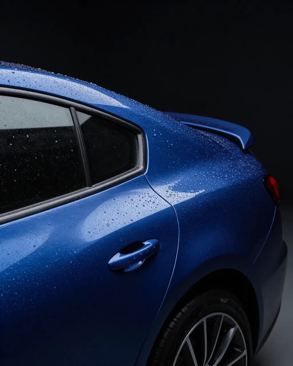 Rear door and side window of a deep blue car covered in small round water beads