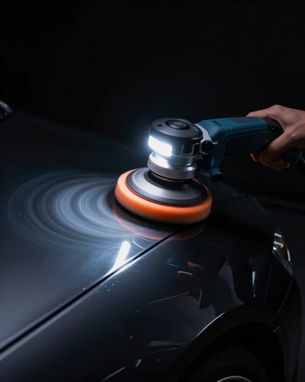 Orbital polisher with an orange foam pad working on dark paint, swirl marks on one side and gloss on the other