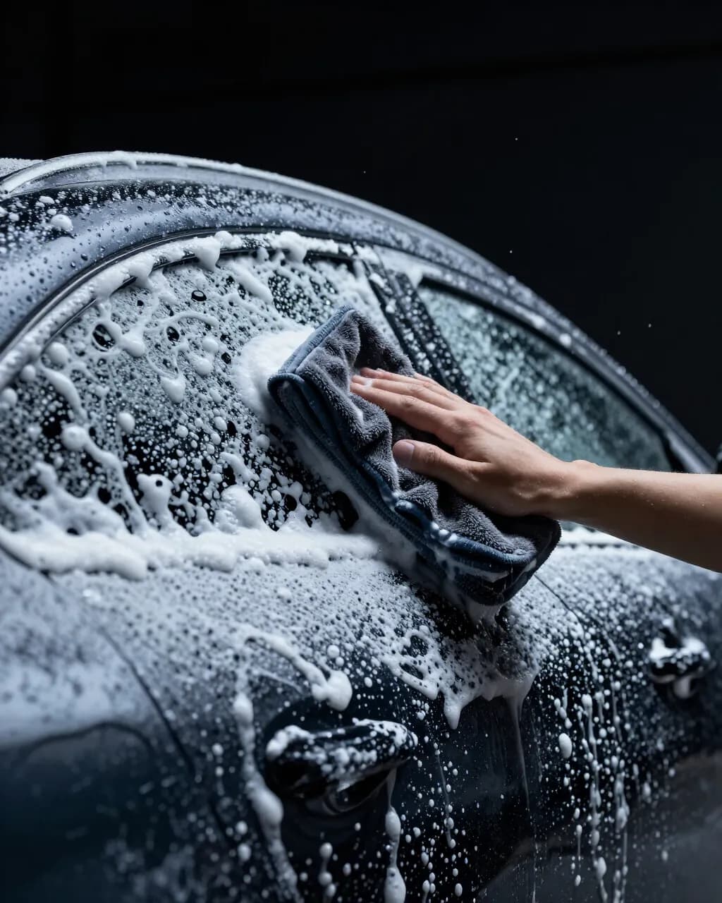 Hand wiping a dark microfiber mitt through thick white snow foam on a dark car door