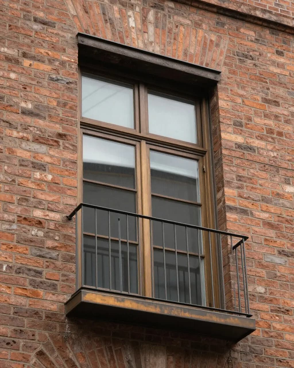 Close view of a brick facade with a bronze window frame and a slim metal balcony rail
