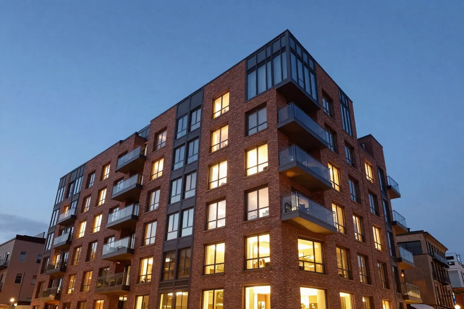 The Larkspur Yards brick building at dusk, with bronze window frames, glass balconies and warm light in the windows